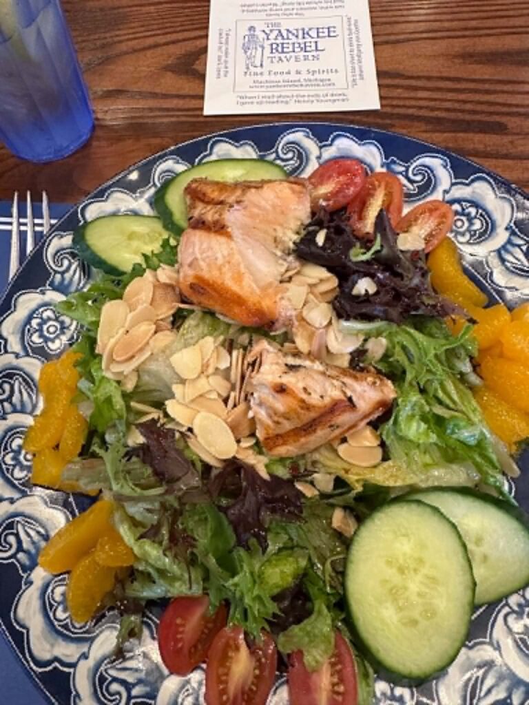 Grilled salmon salad with mandarin oranges and almonds at The Yankee Rebel Tavern