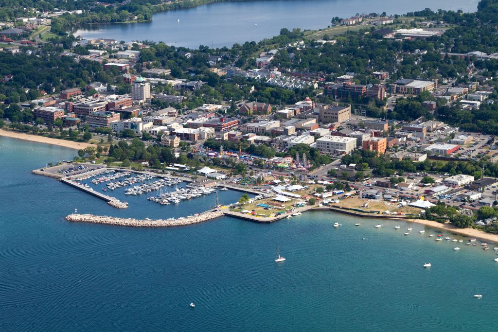 Aerial view of Traverse City, a great stop along your Michigan Wisconsin Illinois road trip.