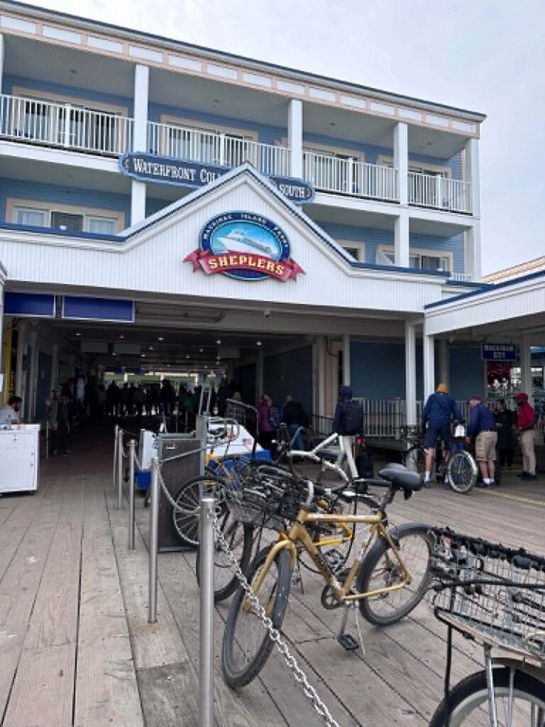 Shepler's Mackinac Island Ferry dock entrance with bikes and luggage carts