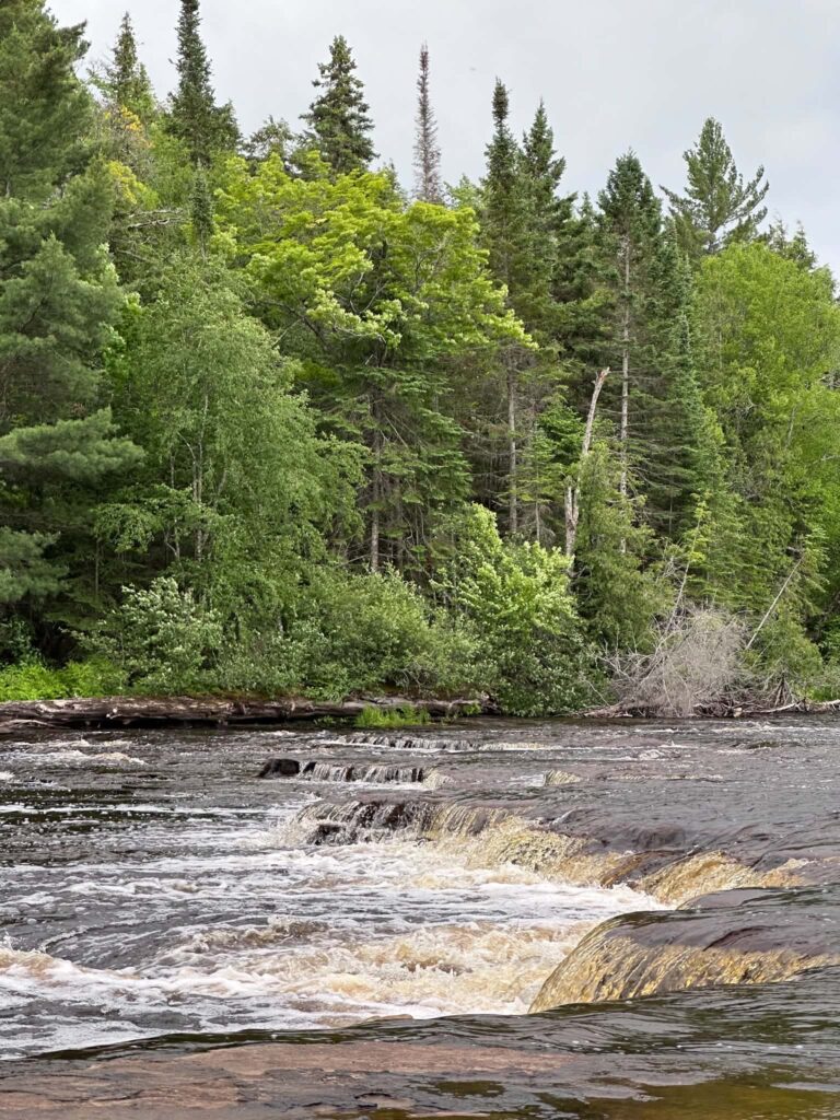 A Lower Tahquamenon Falls cascade rushing between rock formations with green forest in the background