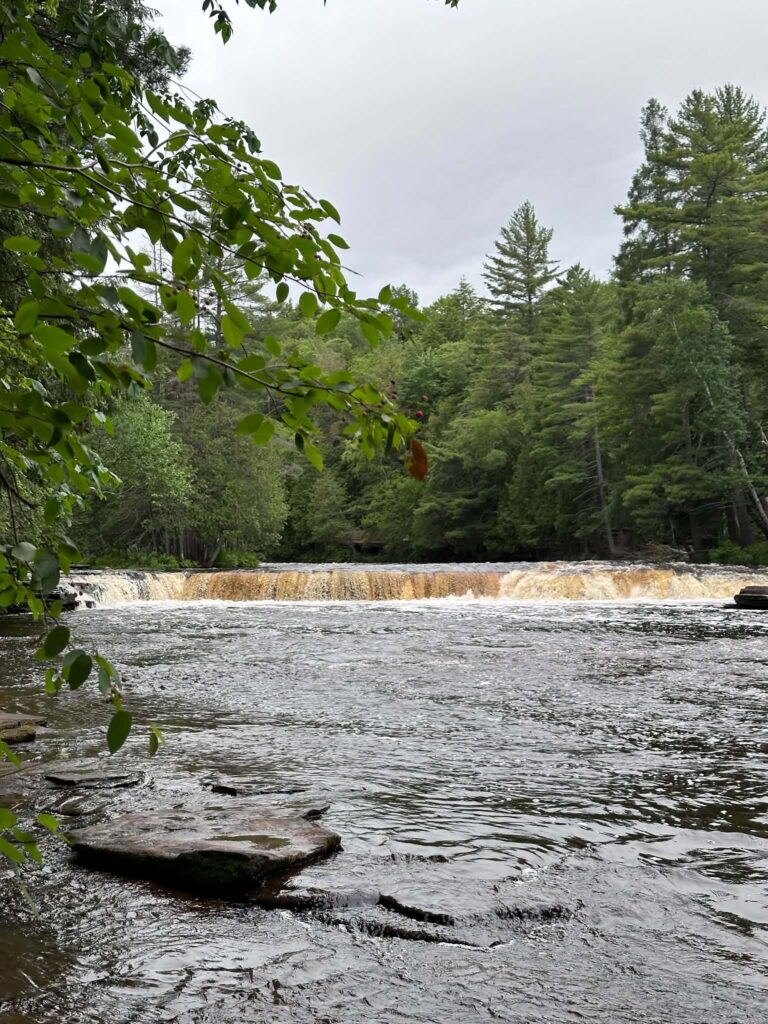 Wide summer view at the Lower Tahquamenon Falls showing a cascade on the left and calm river water on the right with green forest lining both banks