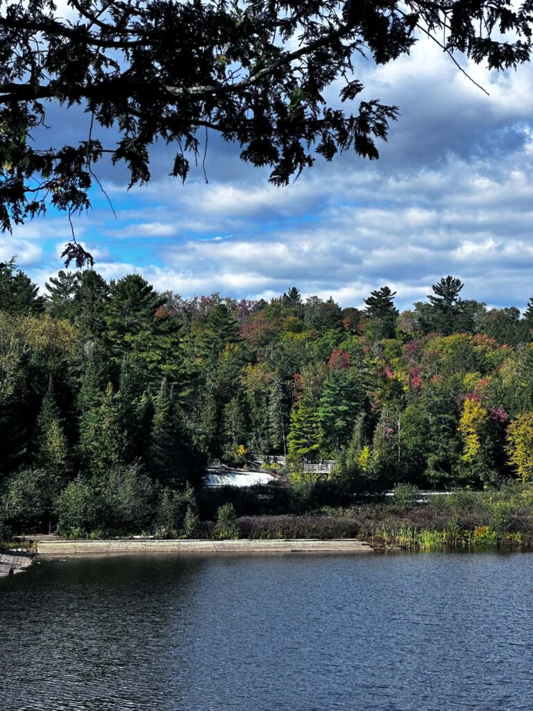 The Tahquamenon River near the Lower Falls in autumn with orange and gold fall foliage lining both banks under an overcast sky