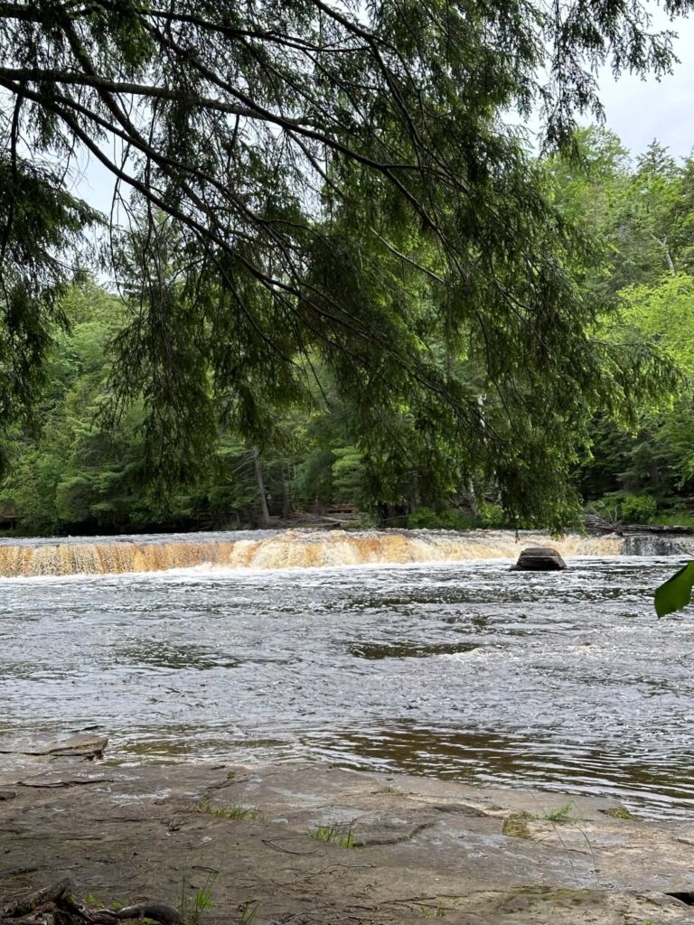 A low cascade of the Lower Tahquamenon Falls spreading over flat wide rocks with green summer foliage framing the top of the image