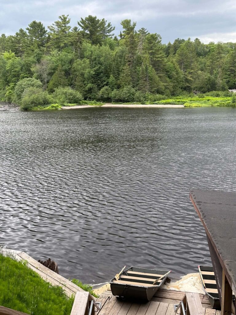 Tahquamenon River viewed through green trees with a small dock visible on the riverbank near the Lower Falls