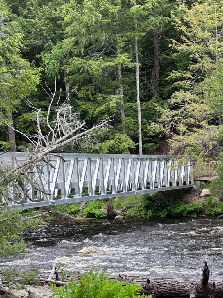 The Ronald A. Olson Island Bridge spanning the Tahquamenon River at the Lower Falls, connecting visitors to the central island with lush green forest on both banks