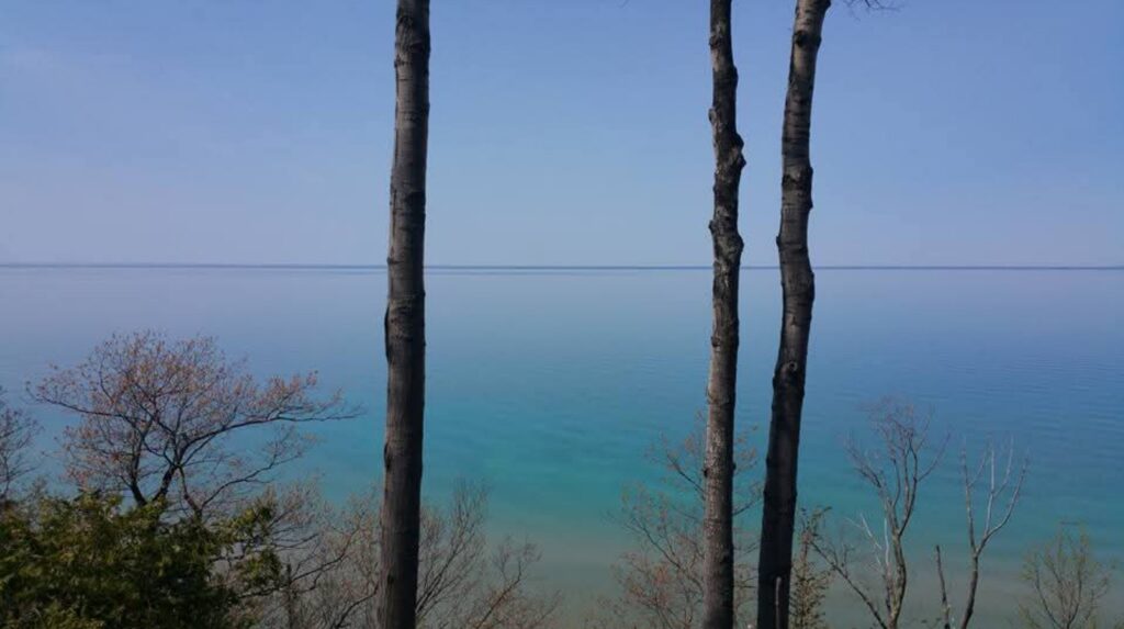 Lake Michigan through the birch trees along the Tunnel of Trees corridor near Petoskey — the water color stops every visitor