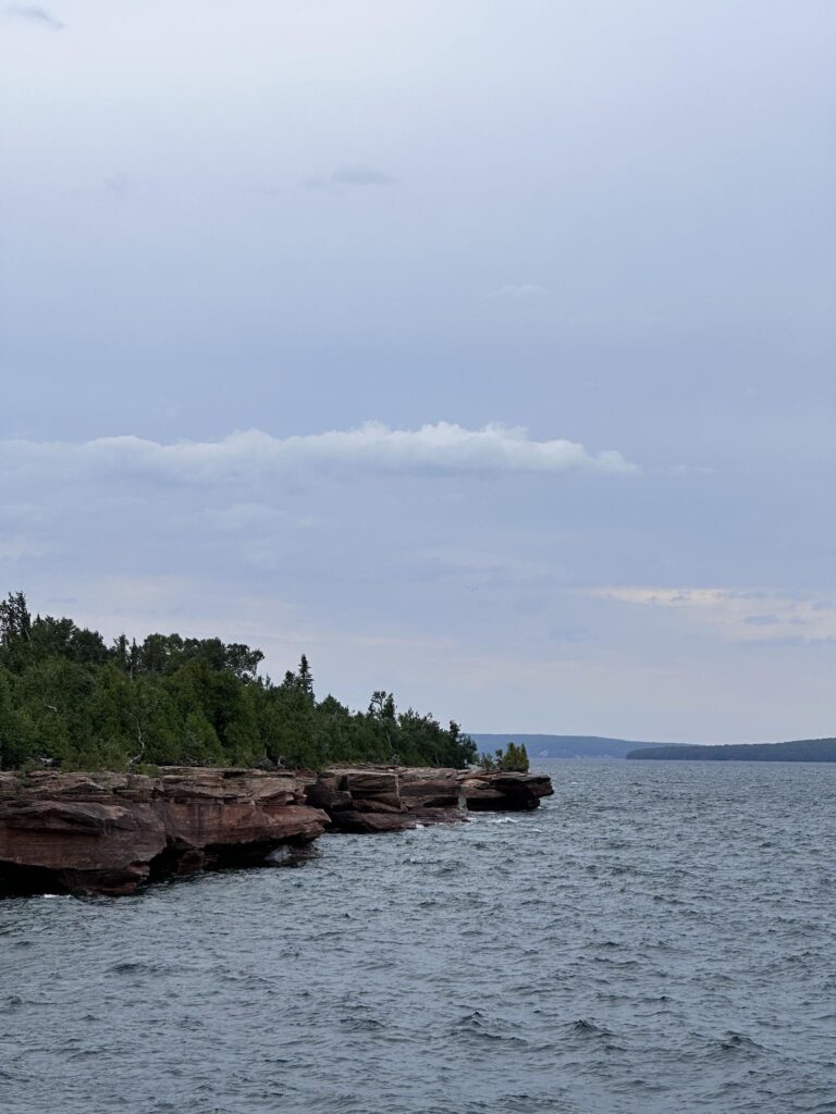 Red sandstone cliffs along Apostle Islands shoreline