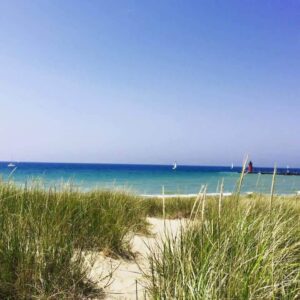 Dune grass frames the path to South Haven's beach — the red lighthouse and sailboats on Lake Michigan beyond. Photo: Mary / wanderingmichiganwisconsin.com